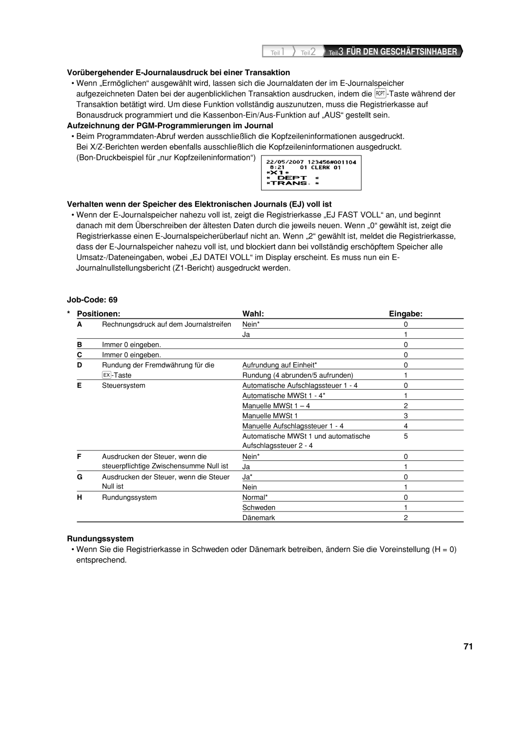 Sharp XE-A213 Vorübergehender E-Journalausdruck bei einer Transaktion, Aufzeichnung der PGM-Programmierungen im Journal 