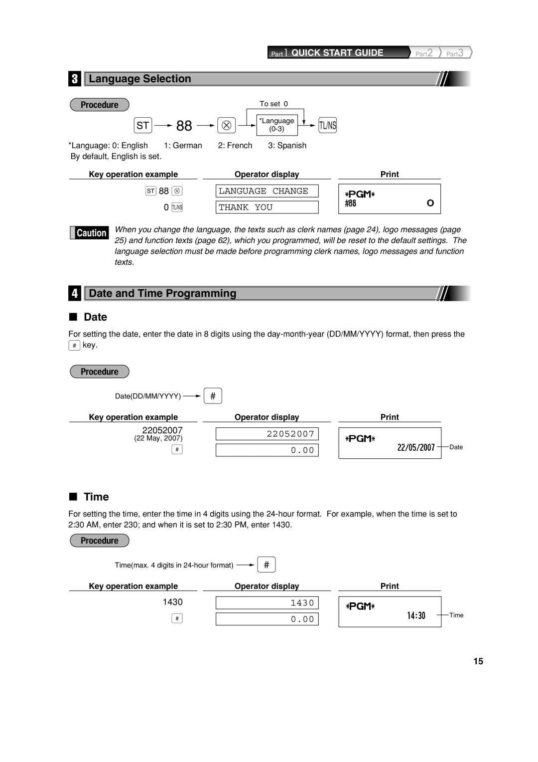 Sharp XE-A213 instruction manual Language Selection, Date and Time Programming 