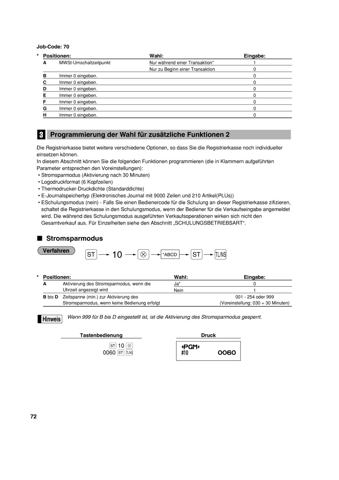 Sharp XE-A213 instruction manual Programmierung der Wahl für zusätzliche Funktionen, Stromsparmodus 