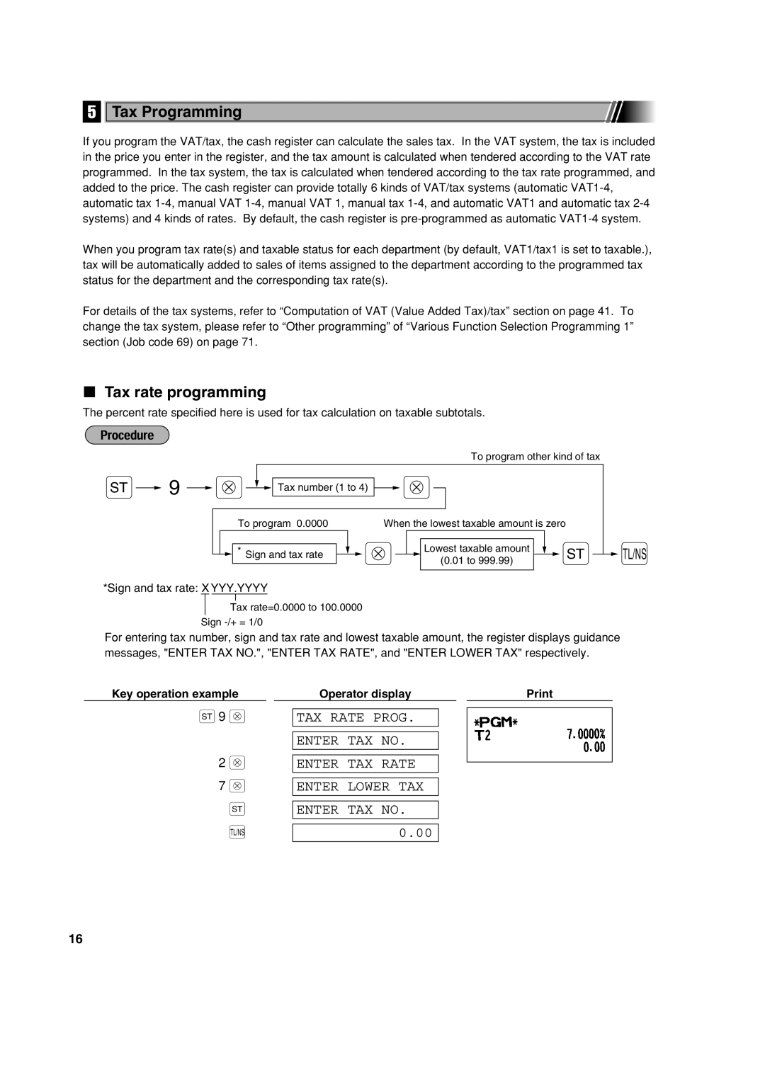 Sharp XE-A213 instruction manual Tax Programming, Tax rate programming, Sign and tax rate X YYY.YYYY 