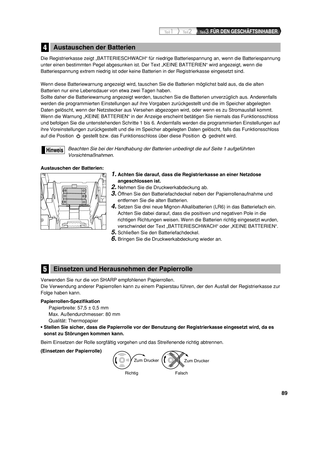 Sharp XE-A213 Austauschen der Batterien, Einsetzen und Herausnehmen der Papierrolle, Papierrollen-Spezifikation 