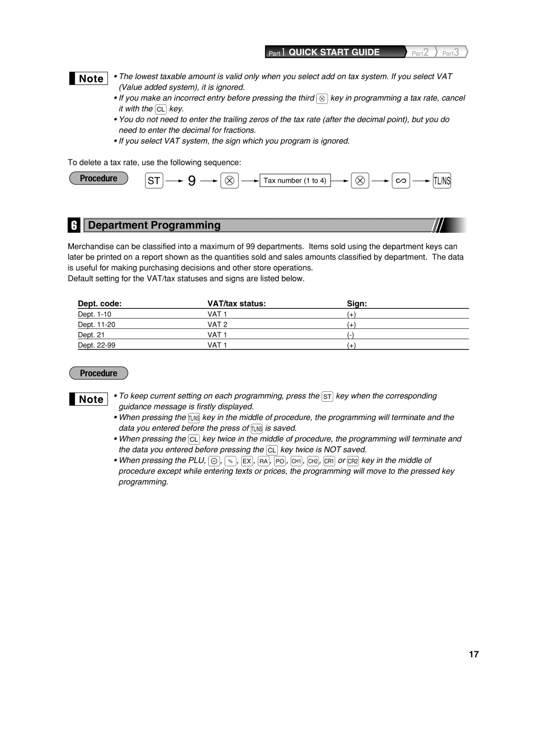 Sharp XE-A213 Department Programming, To delete a tax rate, use the following sequence, Dept. code VAT/tax status Sign 