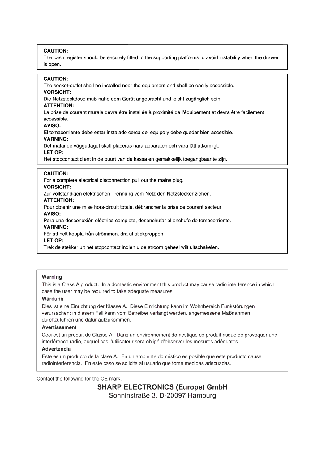 Sharp XE-A213 instruction manual Warnung, Avertissement, Advertencia 