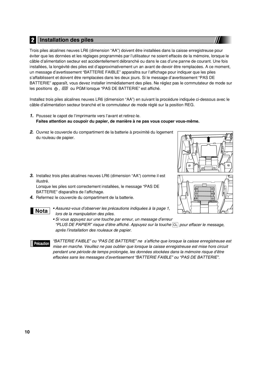 Sharp XE-A213 instruction manual Installation des piles 