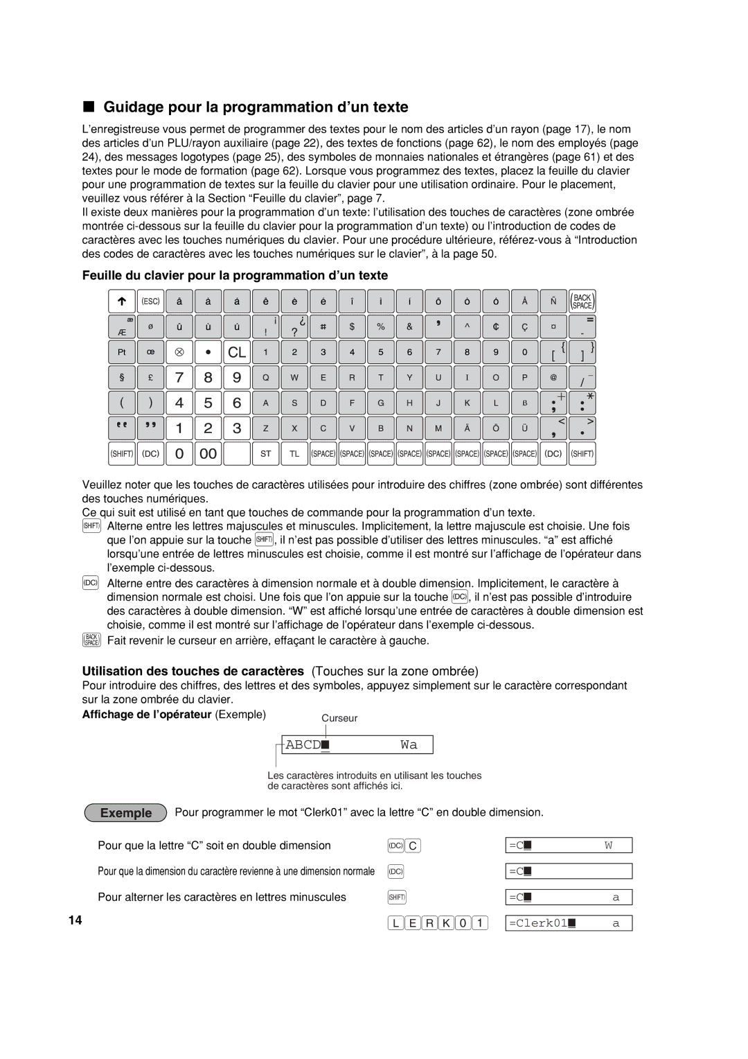 Sharp XE-A213 Guidage pour la programmation d’un texte, Feuille du clavier pour la programmation d’un texte 