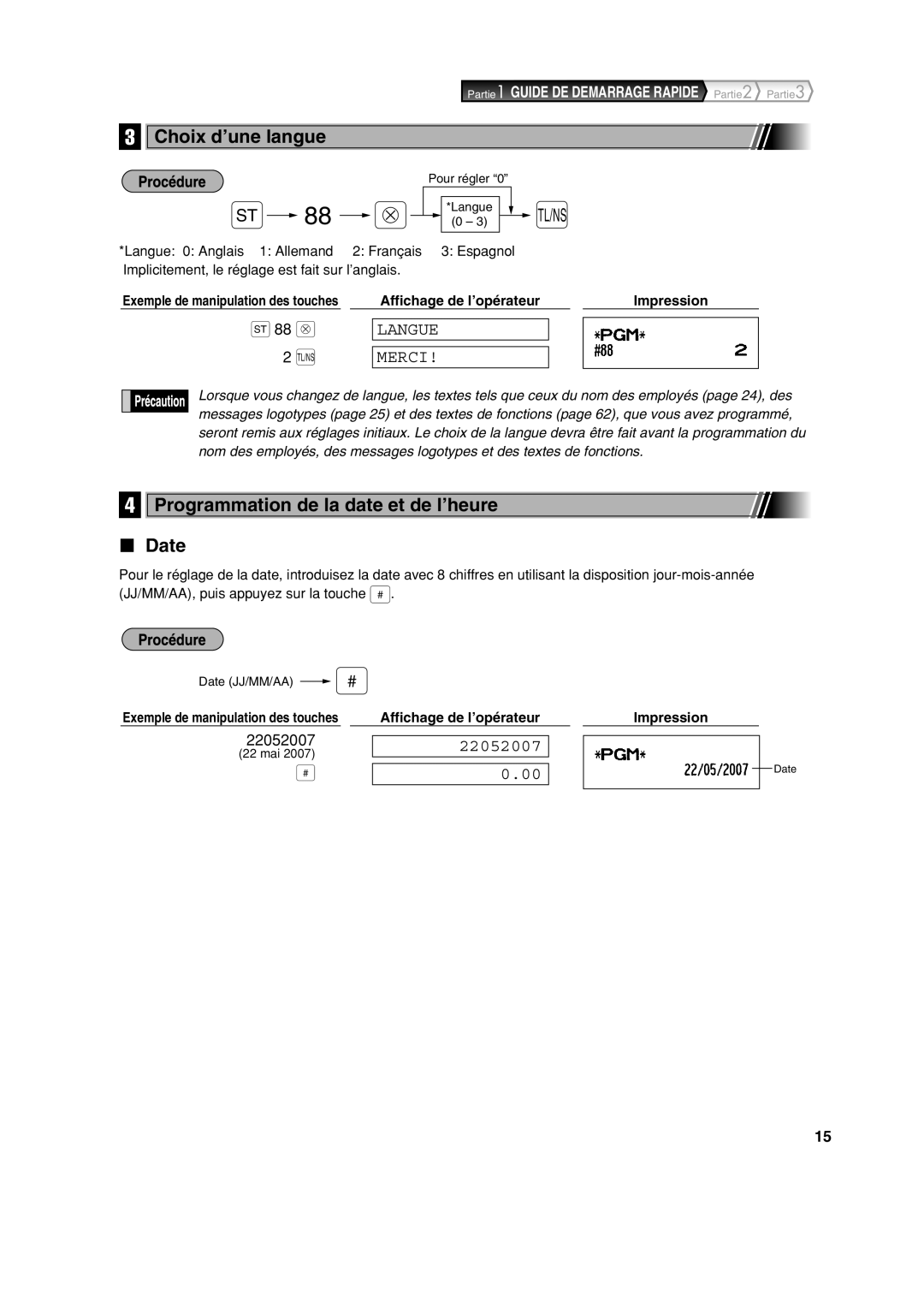 Sharp XE-A213 Choix d’une langue, Programmation de la date et de l’heure Date, Exemple de manipulation des touches 