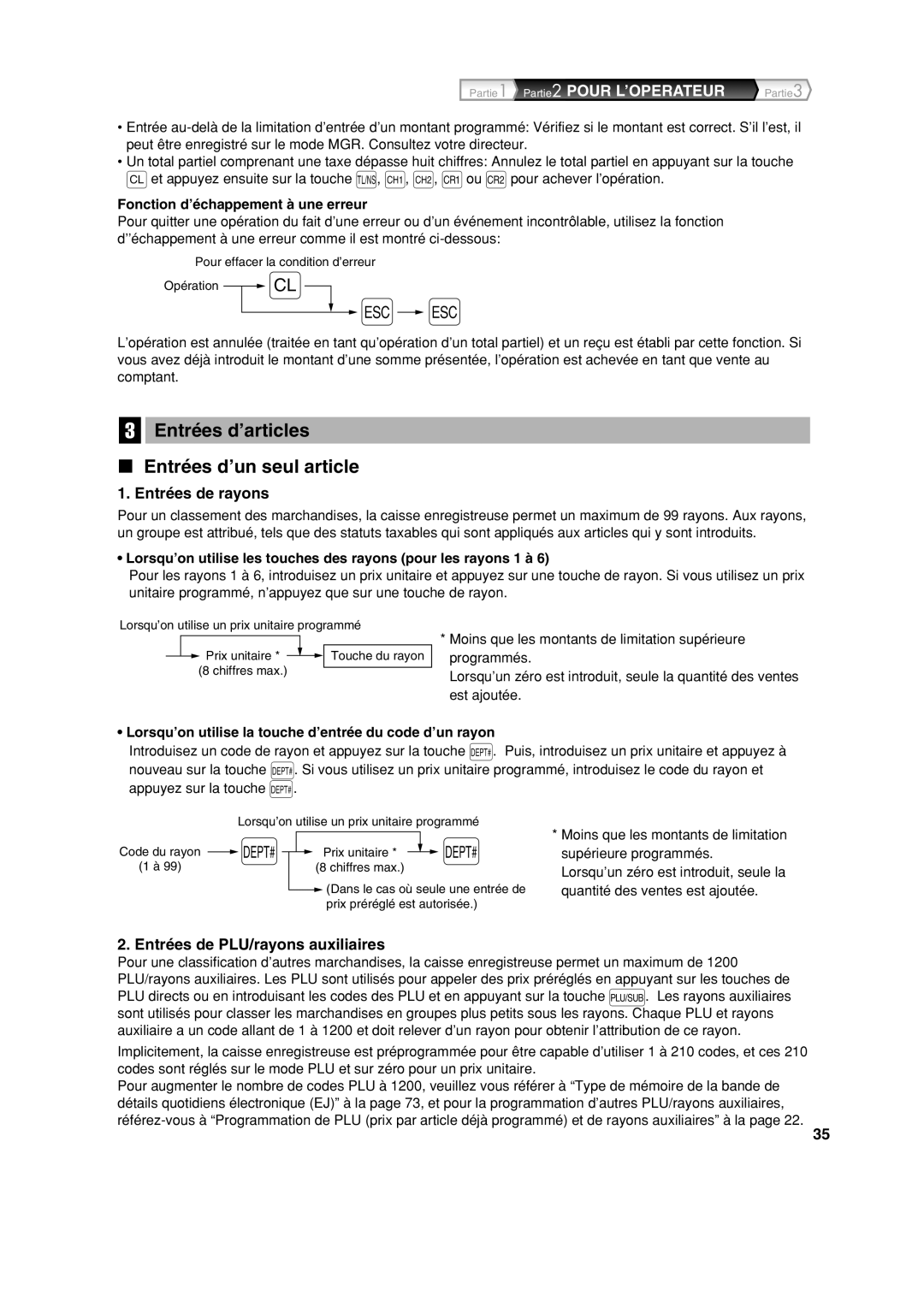 Sharp XE-A213 Entrées d’articles Entrées d’un seul article, Entrées de rayons, Entrées de PLU/rayons auxiliaires 