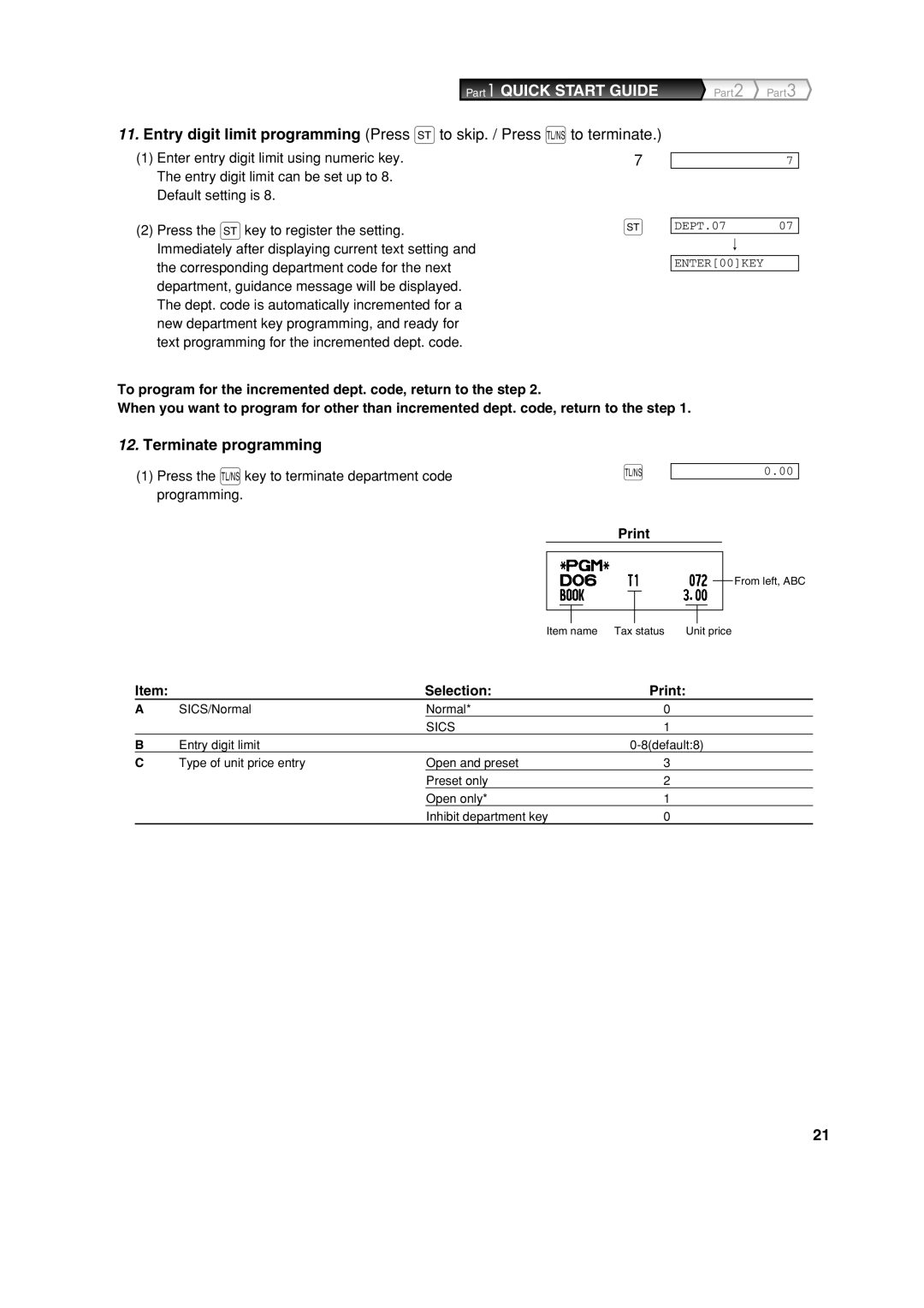 Sharp XE-A213 Terminate programming, Press the Akey to terminate department code Programming, Selection Print 