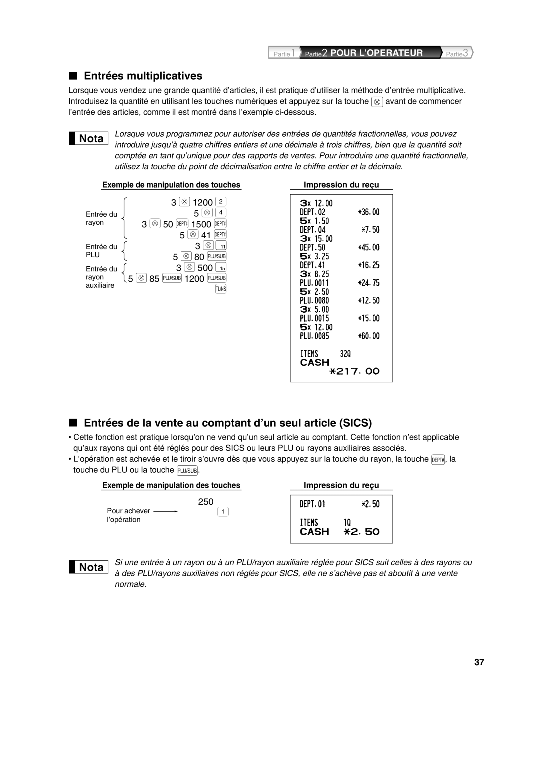 Sharp XE-A213 Entrées multiplicatives, Entrées de la vente au comptant d’un seul article Sics, @ 50 d 1500 d 