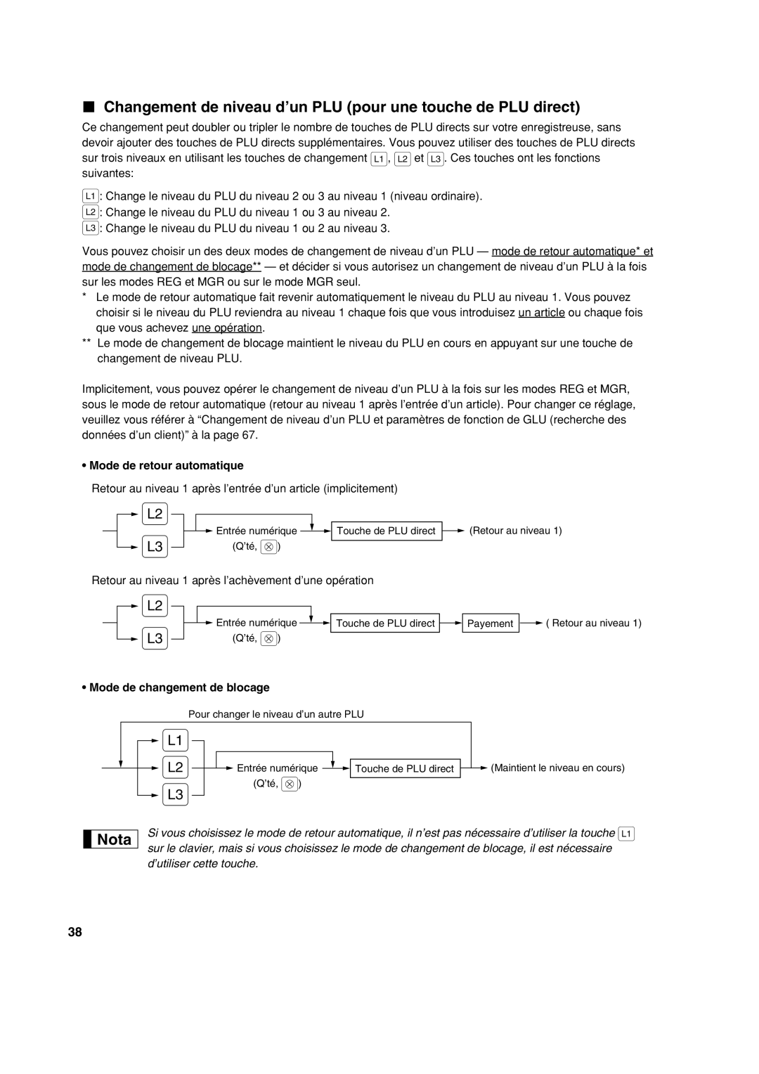 Sharp XE-A213 instruction manual Changement de niveau d’un PLU pour une touche de PLU direct, Mode de retour automatique 