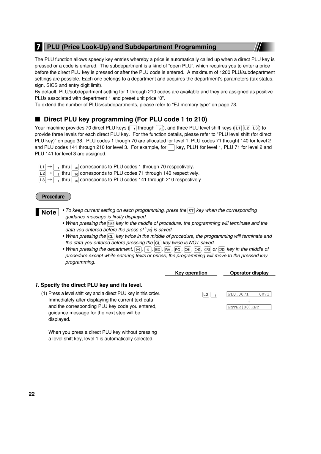 Sharp XE-A213 PLU Price Look-Up and Subdepartment Programming, Direct PLU key programming For PLU code 1 to 