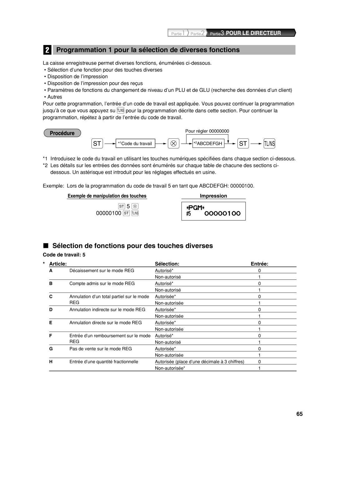 Sharp XE-A213 Programmation 1 pour la sélection de diverses fonctions, Sélection de fonctions pour des touches diverses 