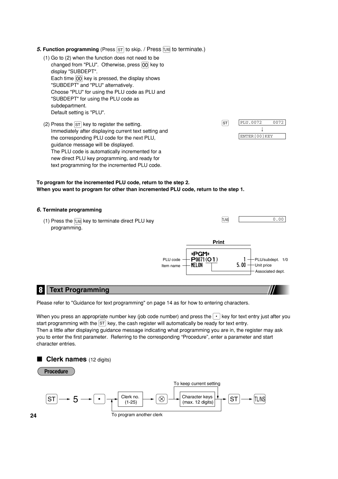 Sharp XE-A213 Text Programming, Clerk names 12 digits, Function programming Press sto skip. / Press a to terminate 