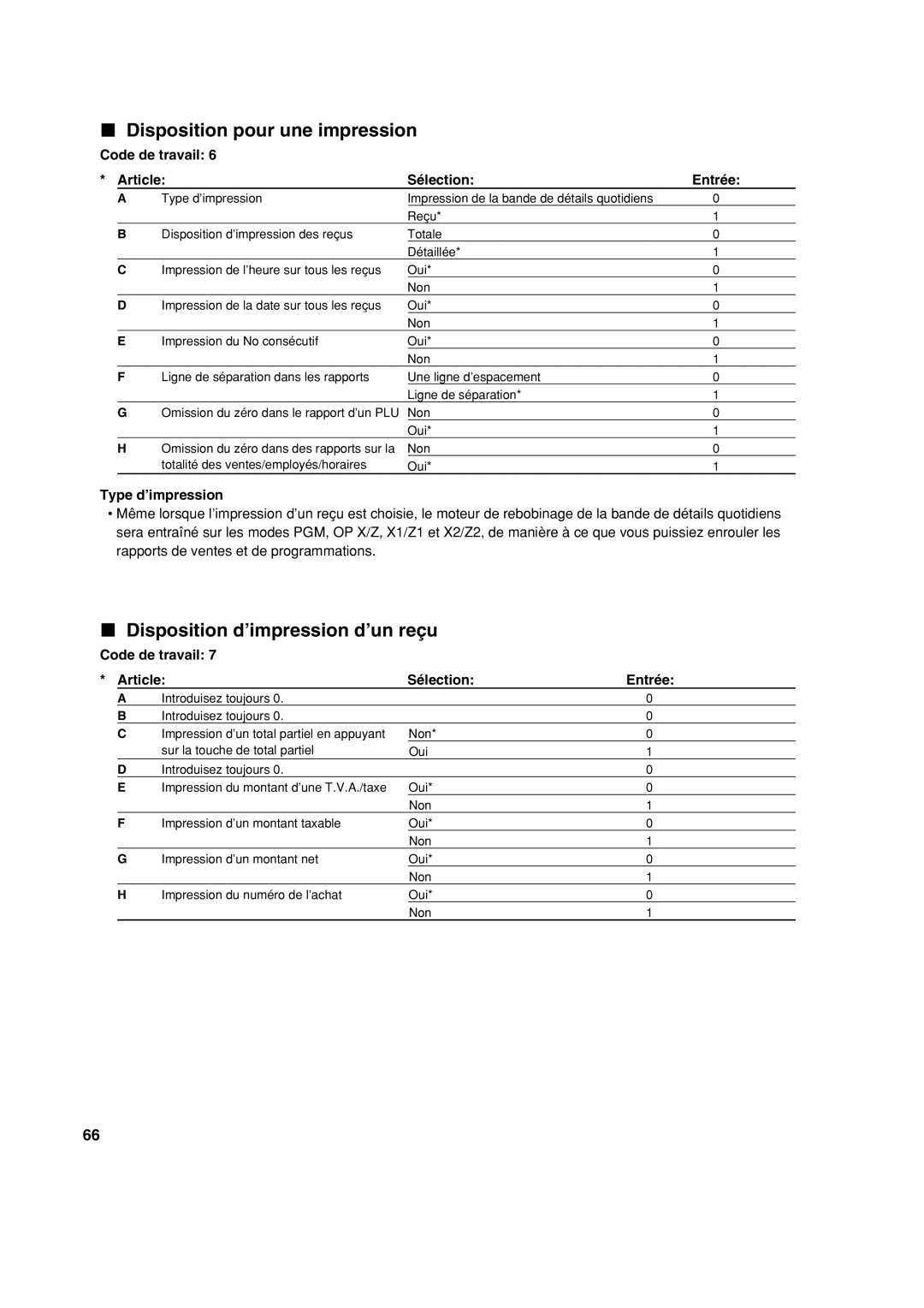 Sharp XE-A213 instruction manual Disposition pour une impression, Disposition d’impression d’un reçu, Type d’impression 