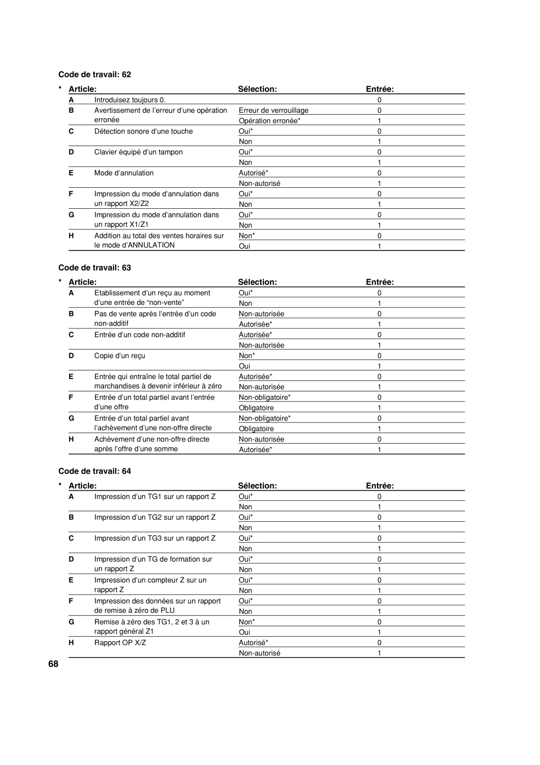 Sharp XE-A213 instruction manual Code de travail Article Sélection Entrée 