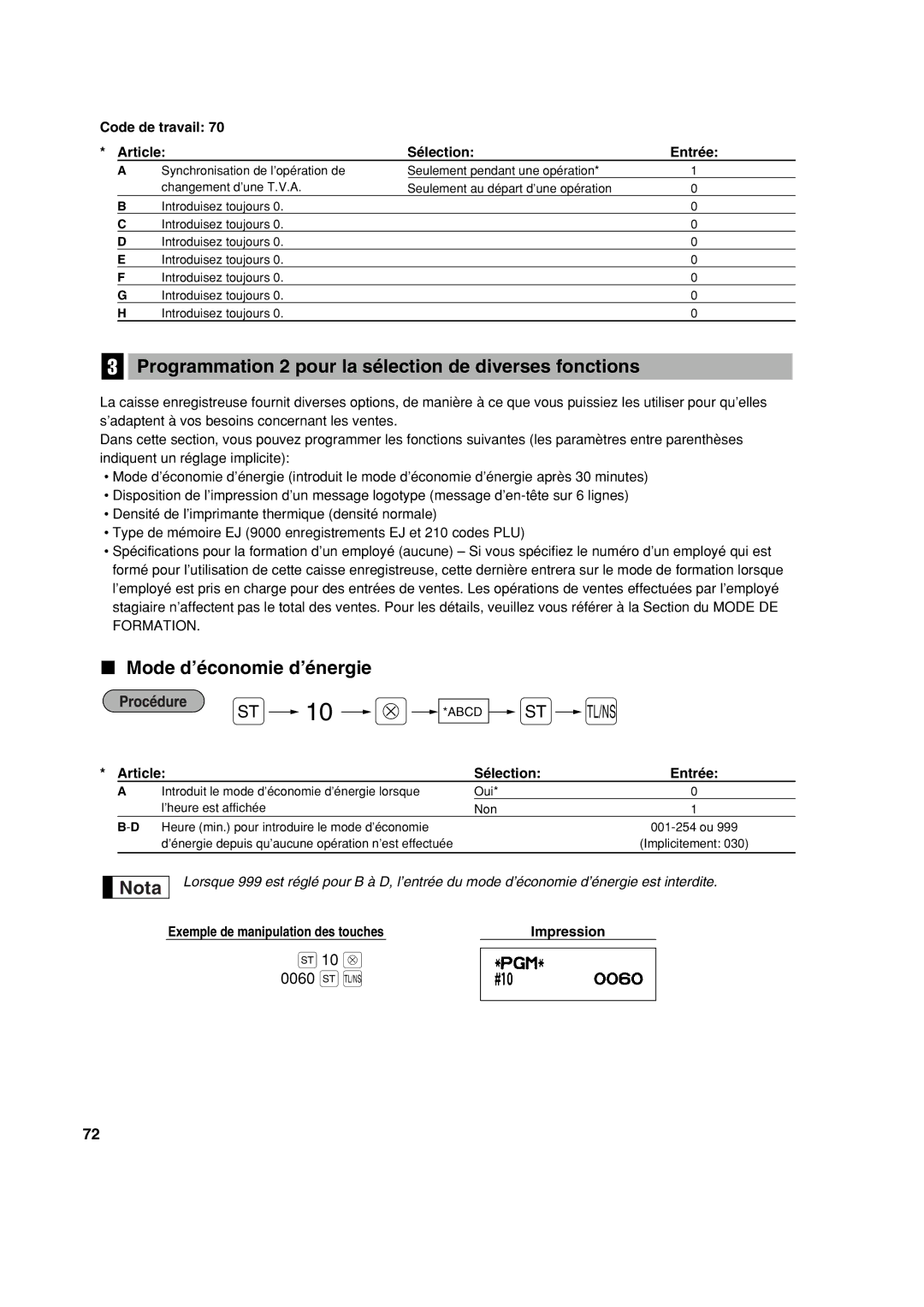 Sharp XE-A213 instruction manual Programmation 2 pour la sélection de diverses fonctions, Mode d’économie d’énergie 