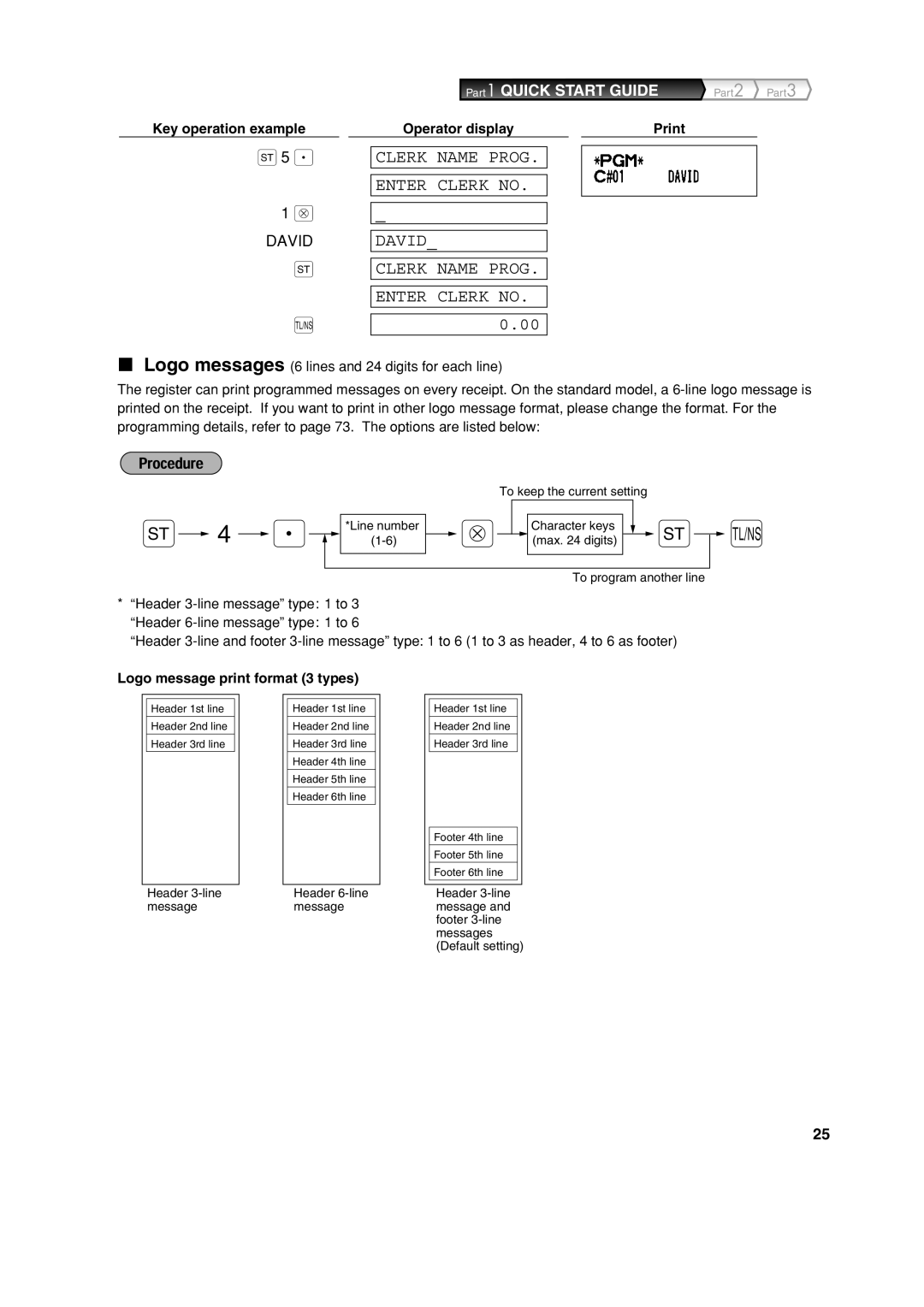 Sharp XE-A213 instruction manual Key operation example, Logo message print format 3 types 