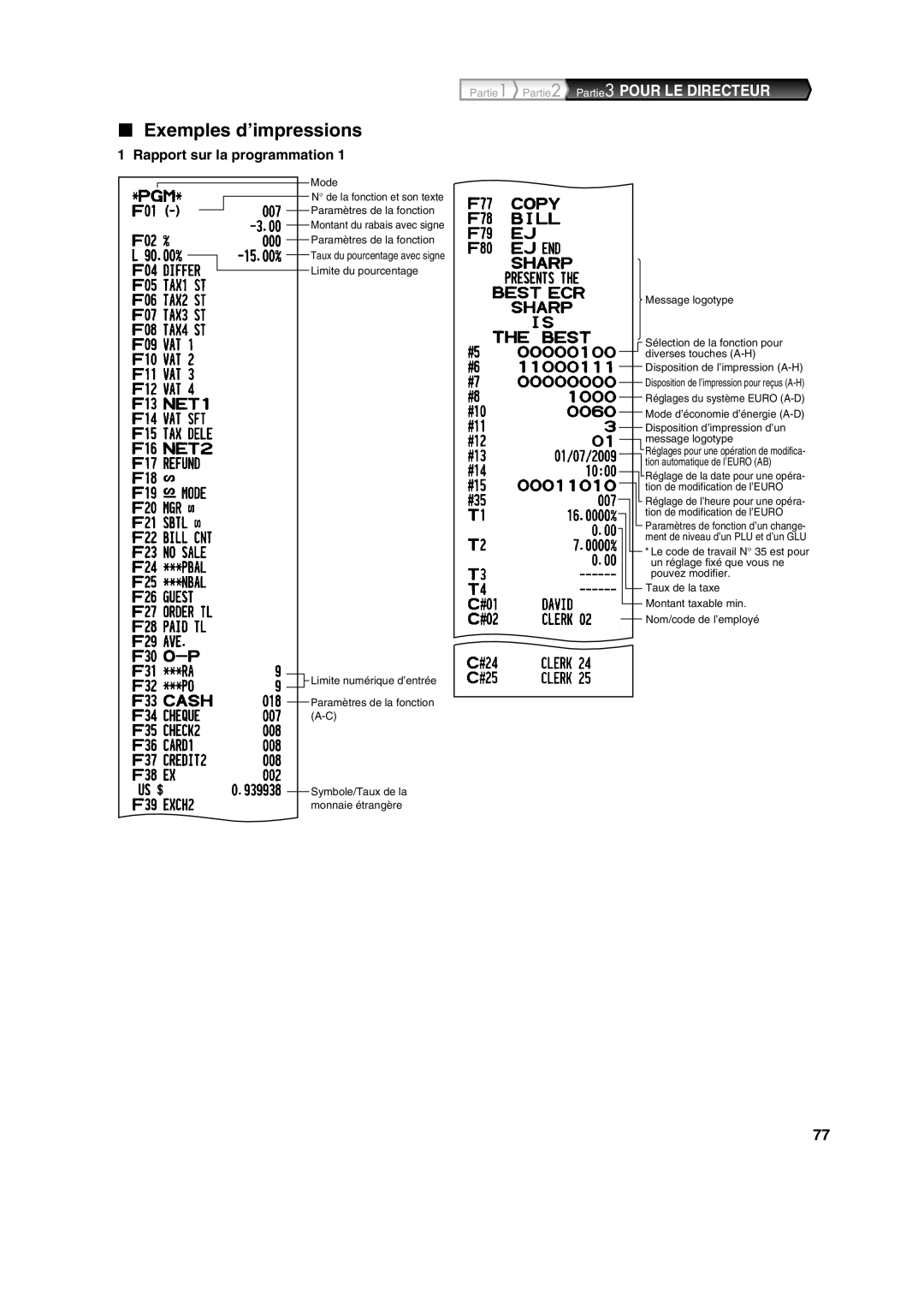 Sharp XE-A213 instruction manual Exemples d’impressions, Rapport sur la programmation 