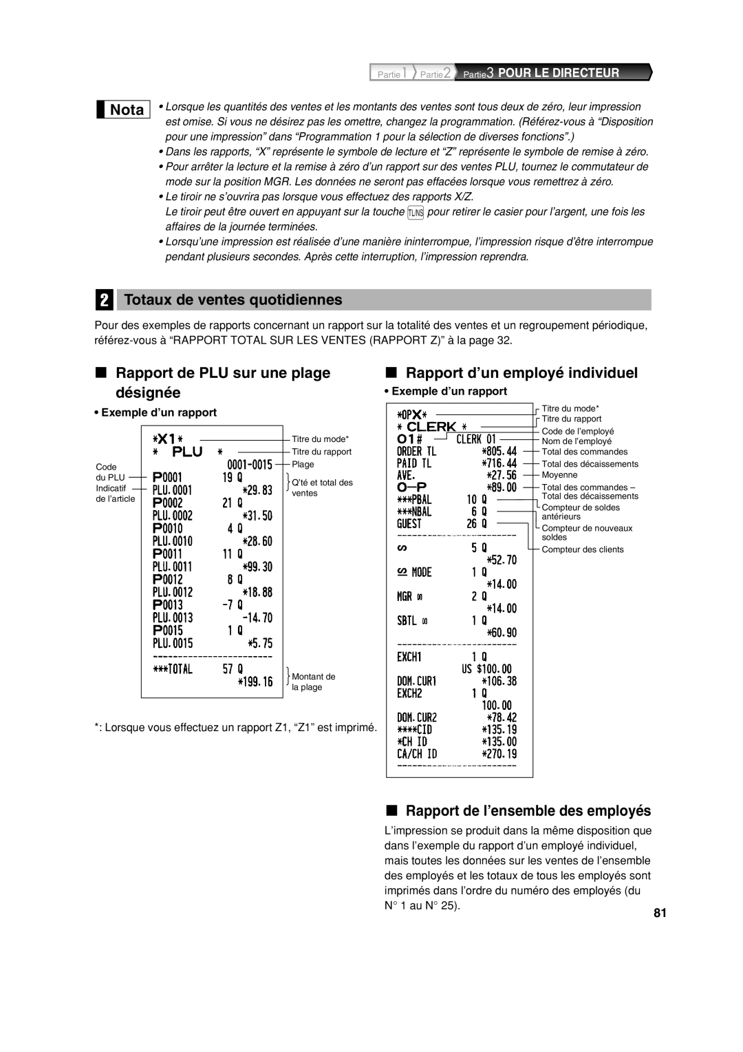 Sharp XE-A213 instruction manual Totaux de ventes quotidiennes, Rapport de l’ensemble des employés, Exemple d’un rapport 