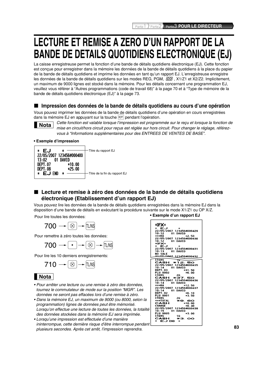 Sharp XE-A213 instruction manual Exemple d’impression, Pour lire toutes les données, Exemple d’un rapport EJ 