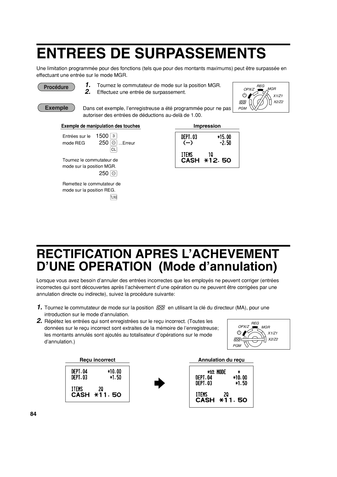 Sharp XE-A213 instruction manual Entrees DE Surpassements, Exemple de manipulation des touches Impression 