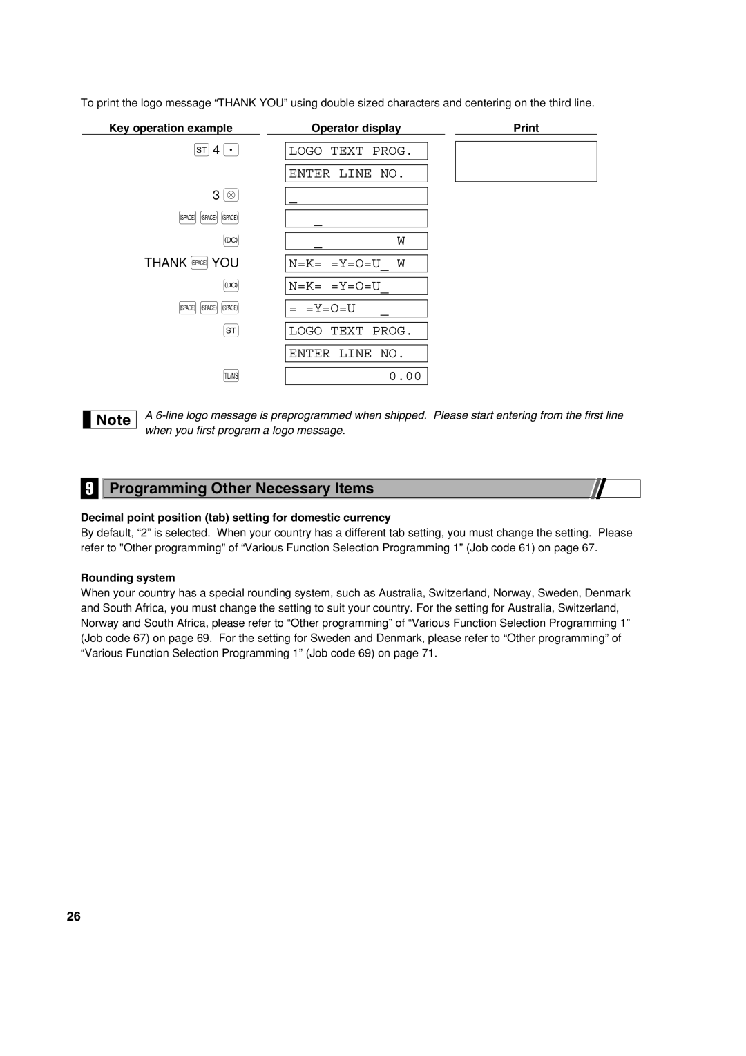 Sharp XE-A213 Programming Other Necessary Items, Decimal point position tab setting for domestic currency, Rounding system 