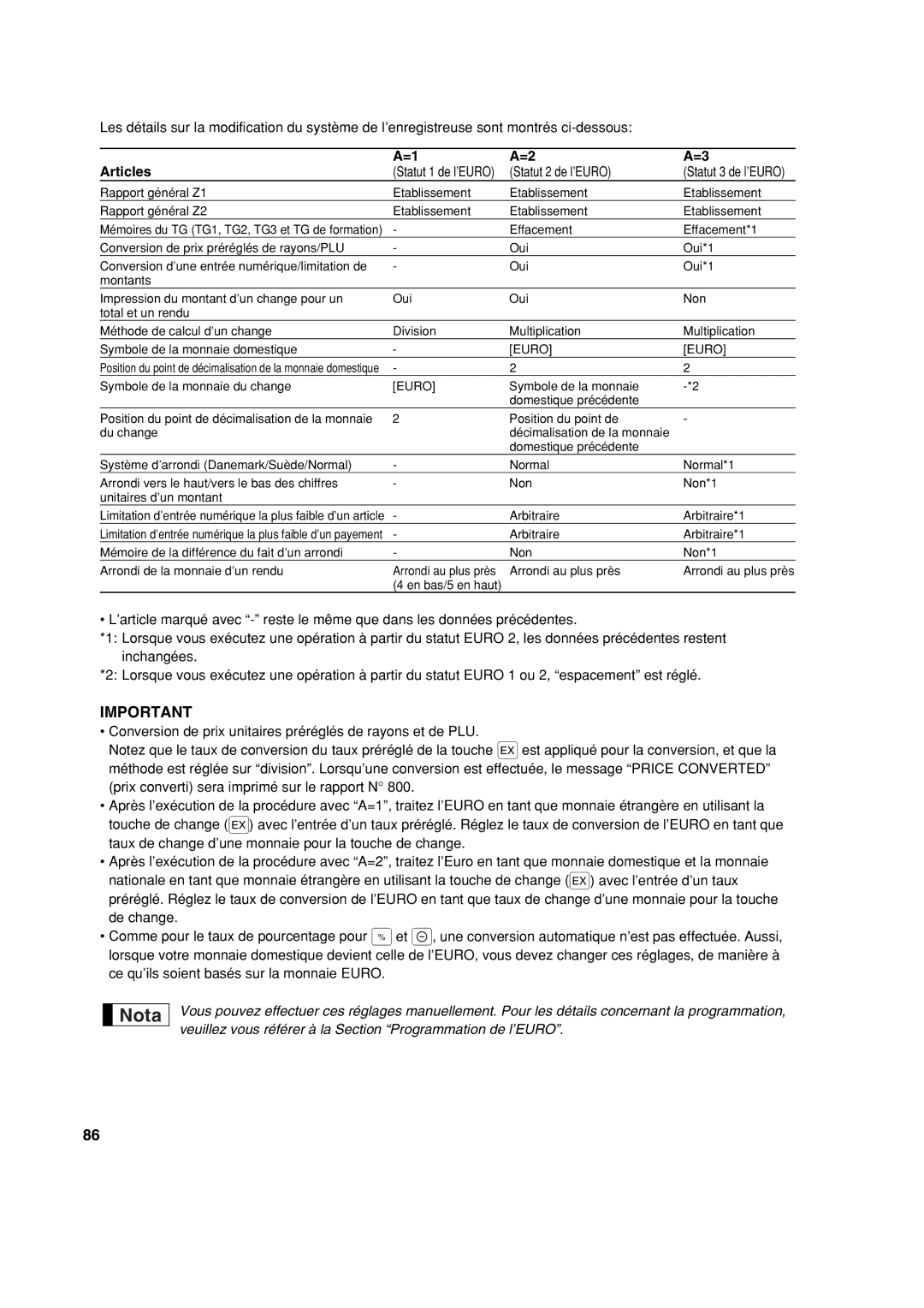 Sharp XE-A213 instruction manual Articles, Statut 2 de l’EURO, Ce qu’ils soient basés sur la monnaie Euro 