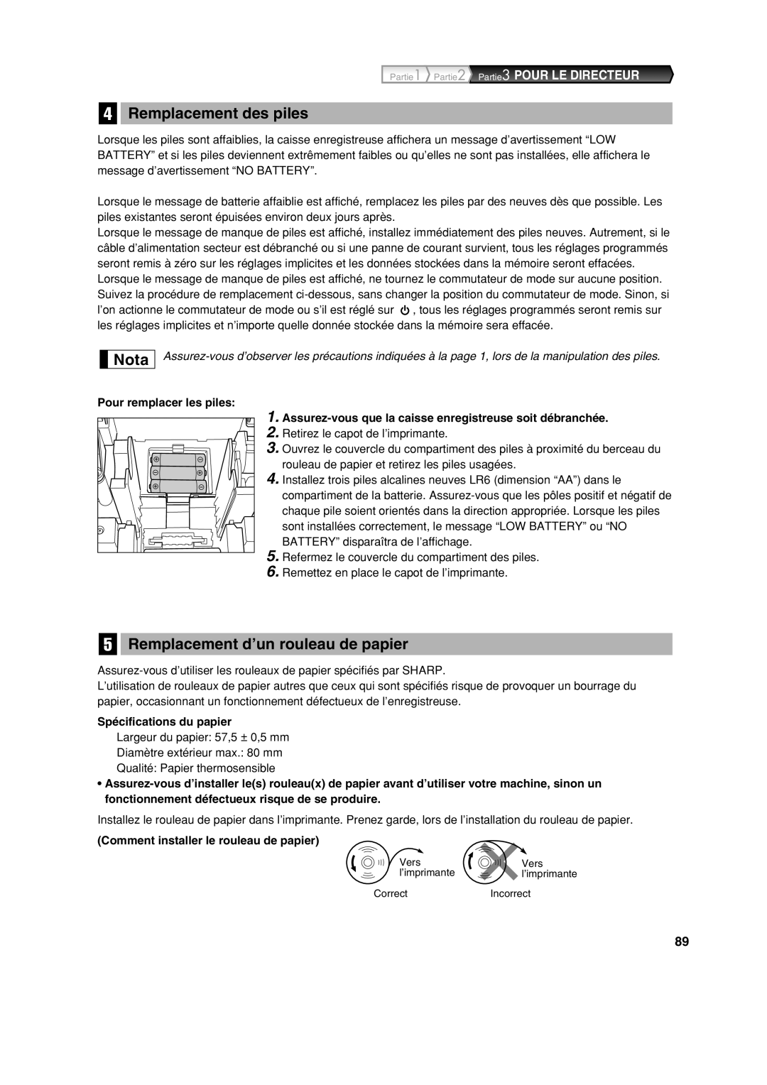 Sharp XE-A213 instruction manual Remplacement des piles, Remplacement d’un rouleau de papier, Spécifications du papier 