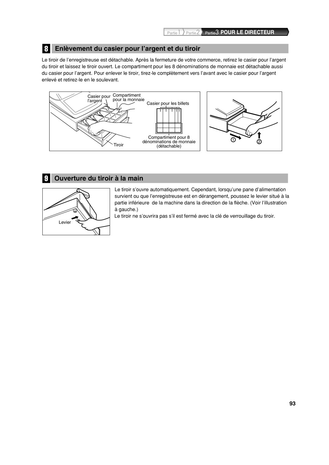 Sharp XE-A213 instruction manual Enlèvement du casier pour l’argent et du tiroir, Ouverture du tiroir à la main, Gauche 