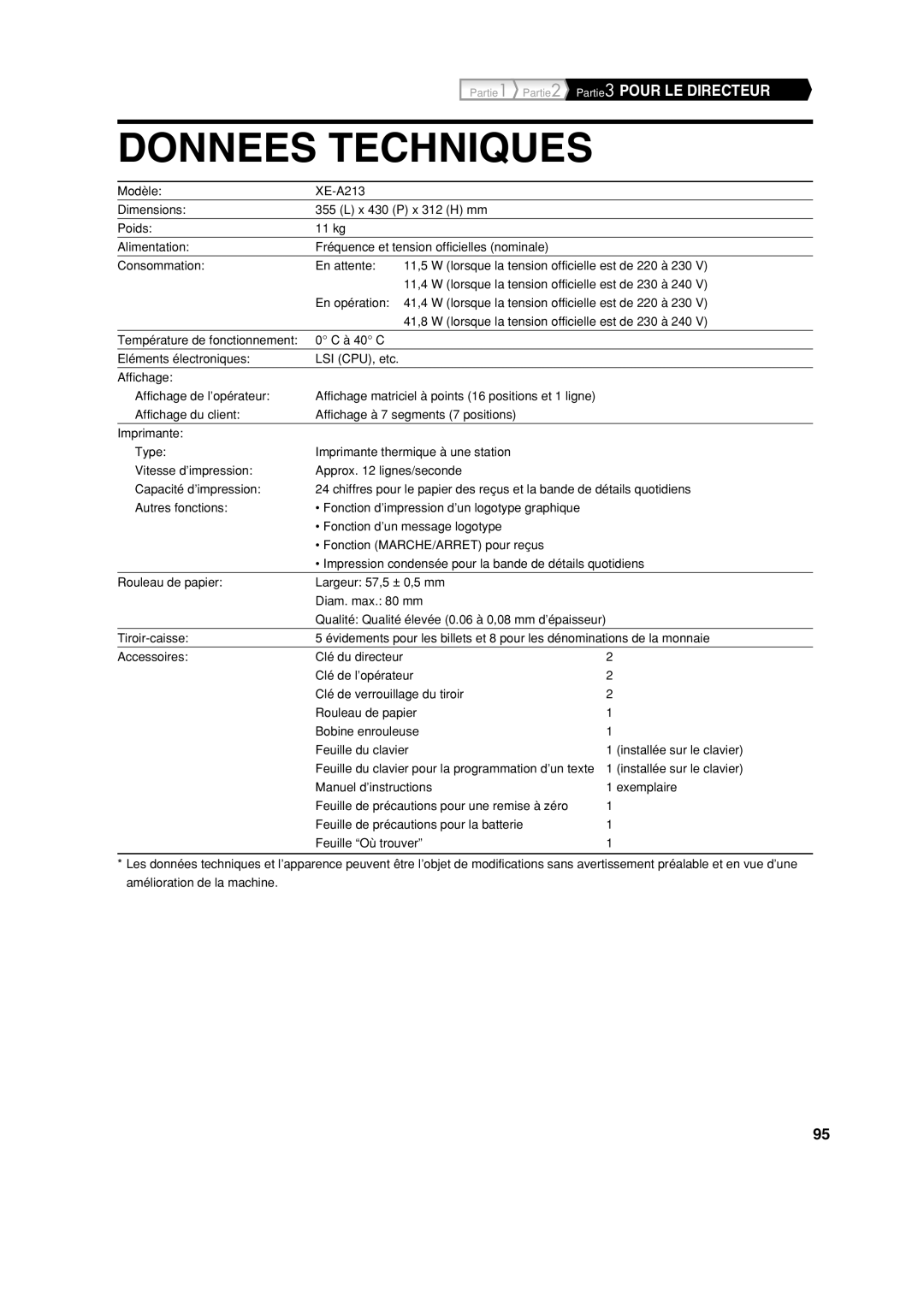 Sharp XE-A213 instruction manual Donnees Techniques 