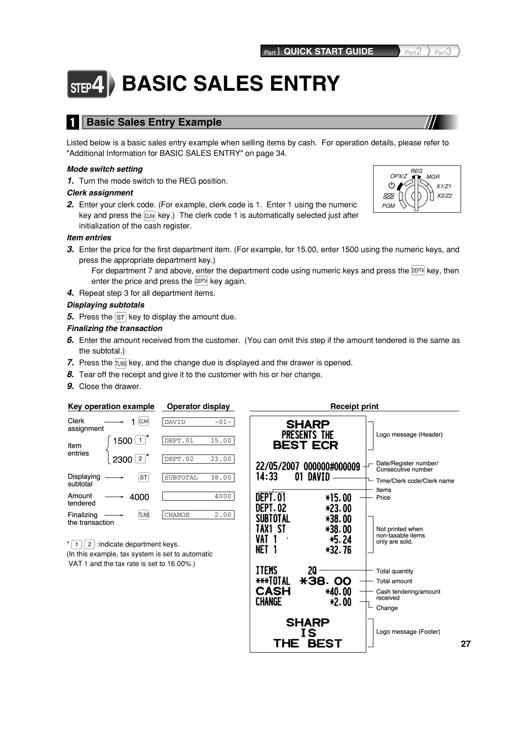 Sharp XE-A213 instruction manual Basic Sales Entry Example, Turn the mode switch to the REG position, Receipt print 