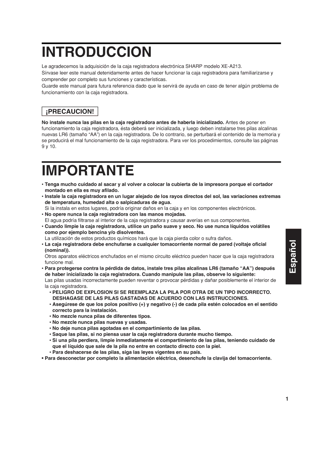 Sharp XE-A213 instruction manual Introduccion, Importante, No opere nunca la caja registradora con las manos mojadas 