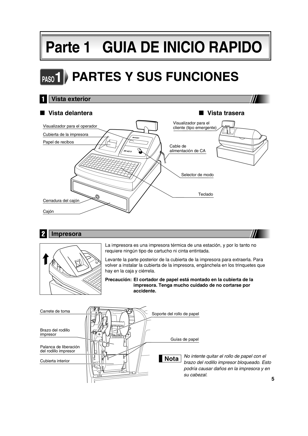 Sharp XE-A213 instruction manual Vista exterior Vista delantera Vista trasera, Impresora 