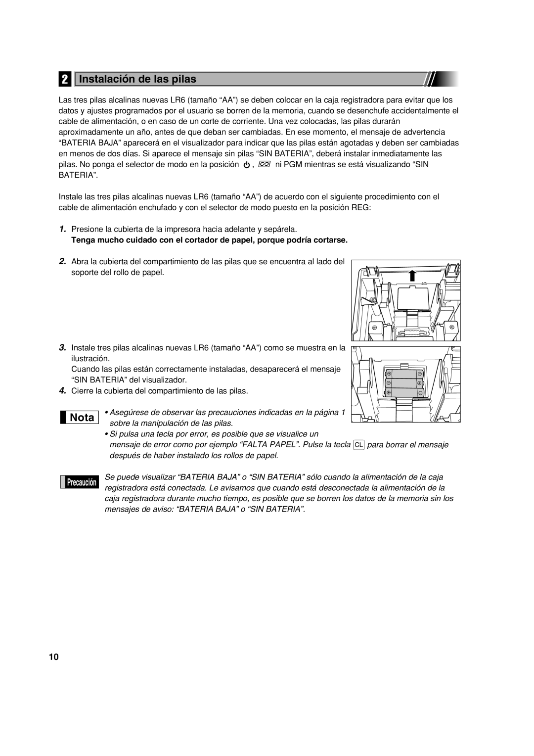 Sharp XE-A213 instruction manual Instalación de las pilas 