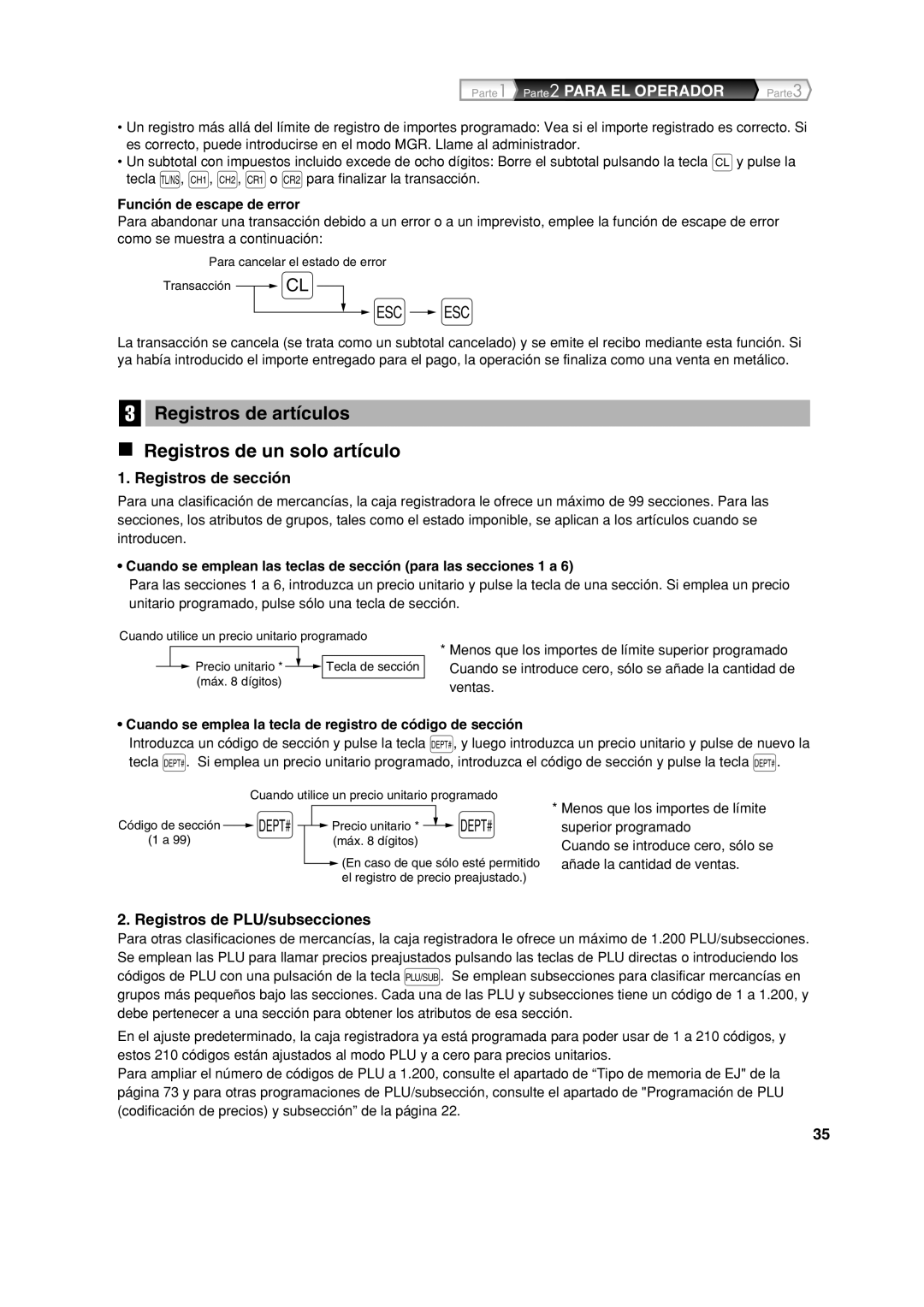 Sharp XE-A213 Registros de artículos Registros de un solo artículo, Registros de sección, Registros de PLU/subsecciones 