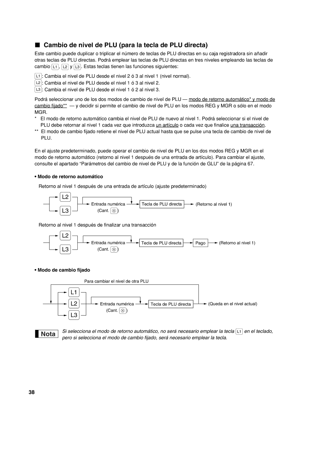 Sharp XE-A213 Cambio de nivel de PLU para la tecla de PLU directa, Modo de retorno automático, Modo de cambio fijado 