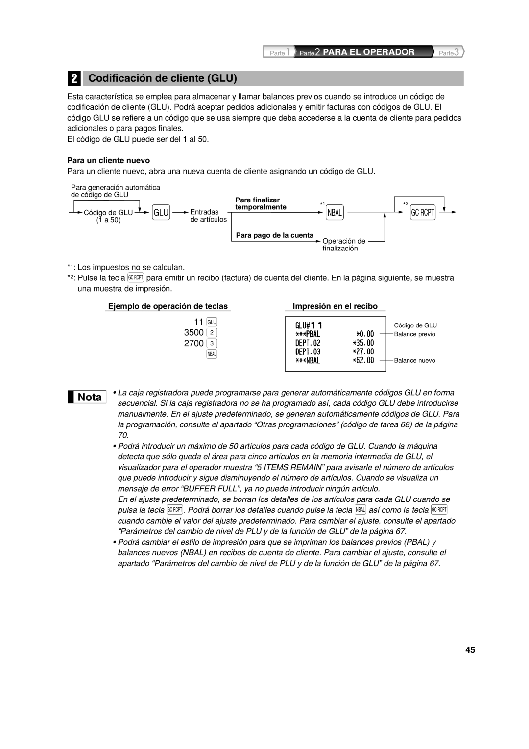 Sharp XE-A213 instruction manual Codificación de cliente GLU, Para un cliente nuevo 