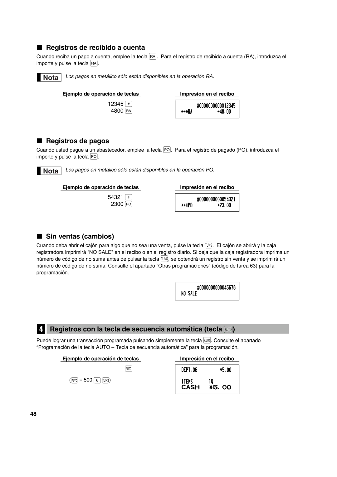 Sharp XE-A213 instruction manual Registros de recibido a cuenta, Registros de pagos, Sin ventas cambios 