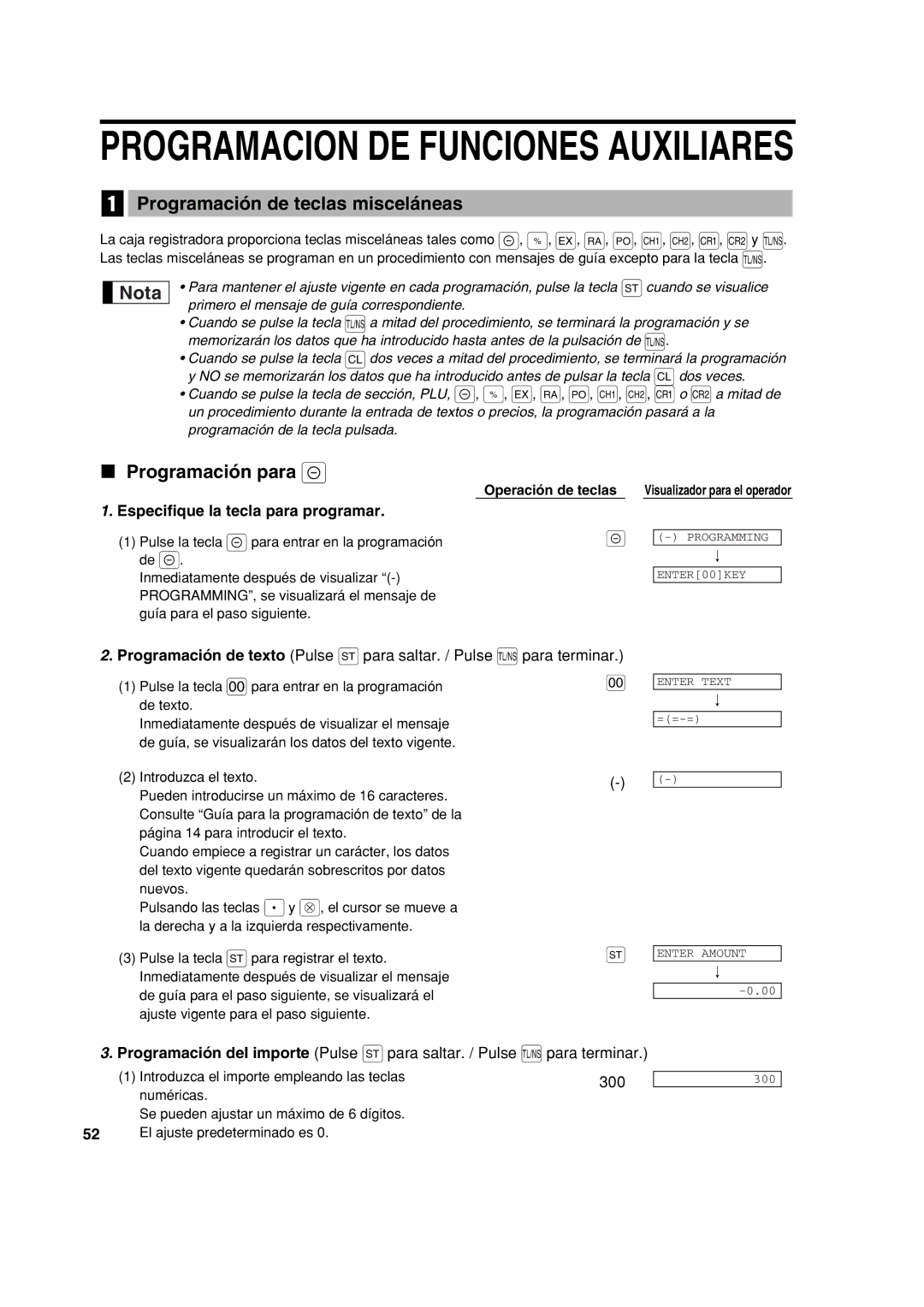 Sharp XE-A213 instruction manual Programación de teclas misceláneas, Programación para, Especifique la tecla para programar 