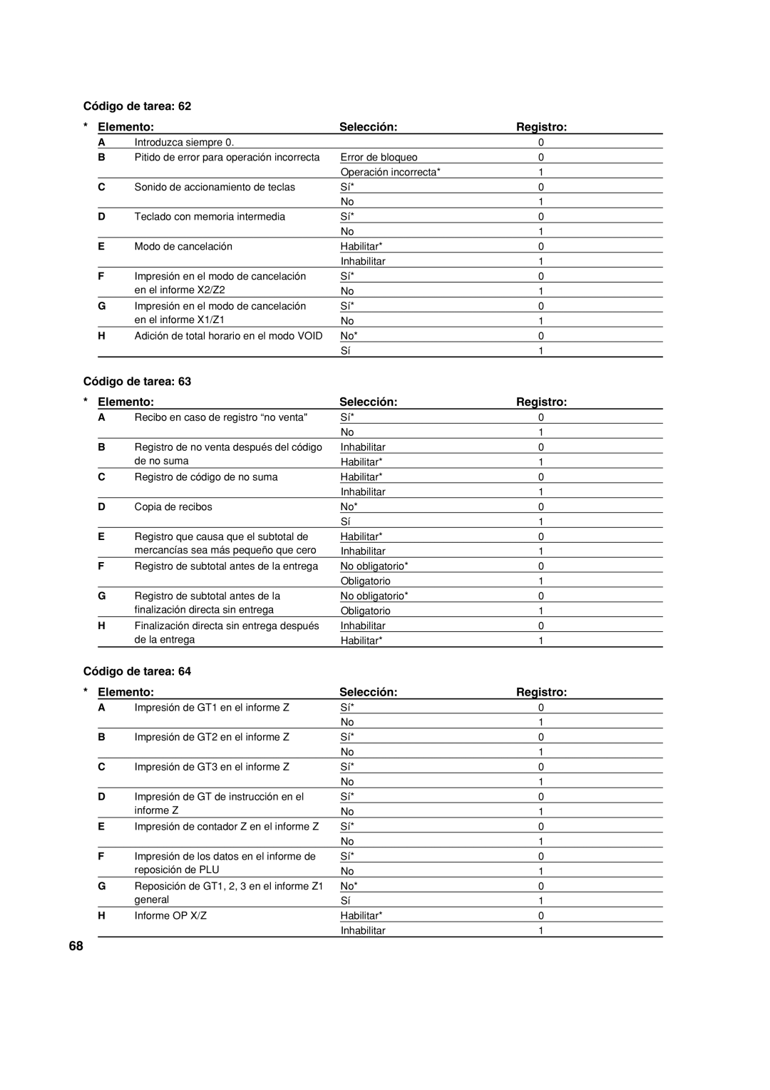 Sharp XE-A213 instruction manual Código de tarea Elemento Selección Registro 