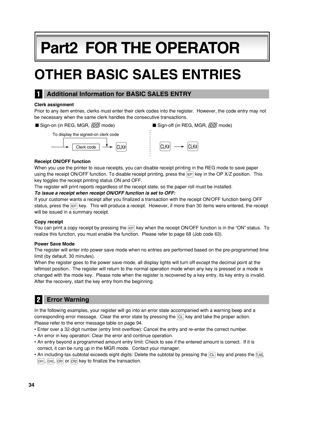 Sharp XE-A213 instruction manual Other Basic Sales Entries, Additional Information for Basic Sales Entry, Error Warning 