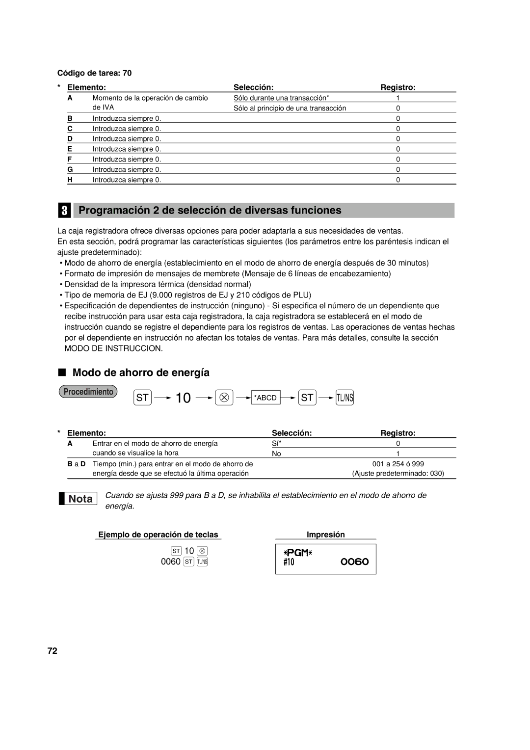 Sharp XE-A213 instruction manual Programación 2 de selección de diversas funciones, Modo de ahorro de energía 