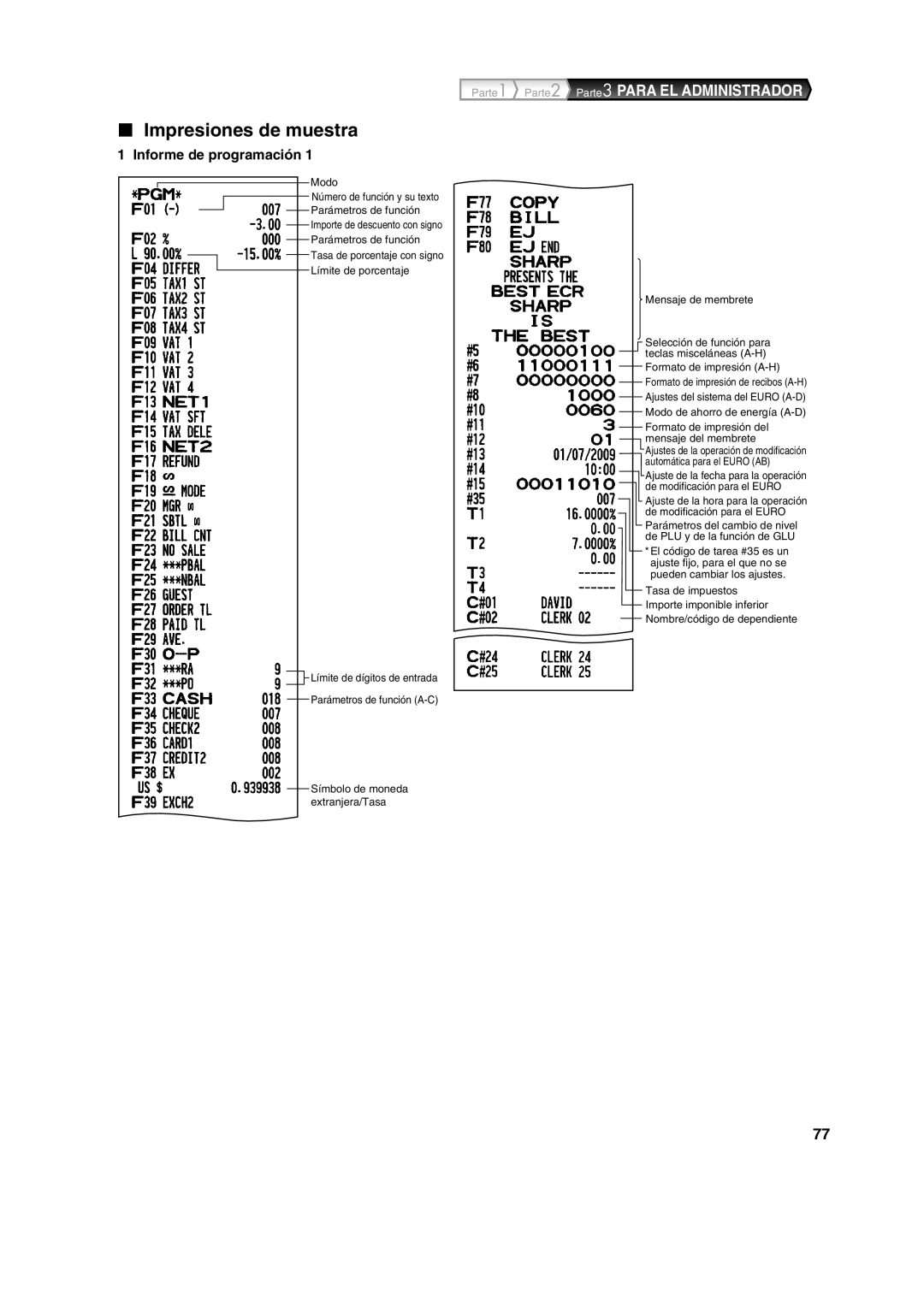 Sharp XE-A213 instruction manual Impresiones de muestra, Informe de programación 