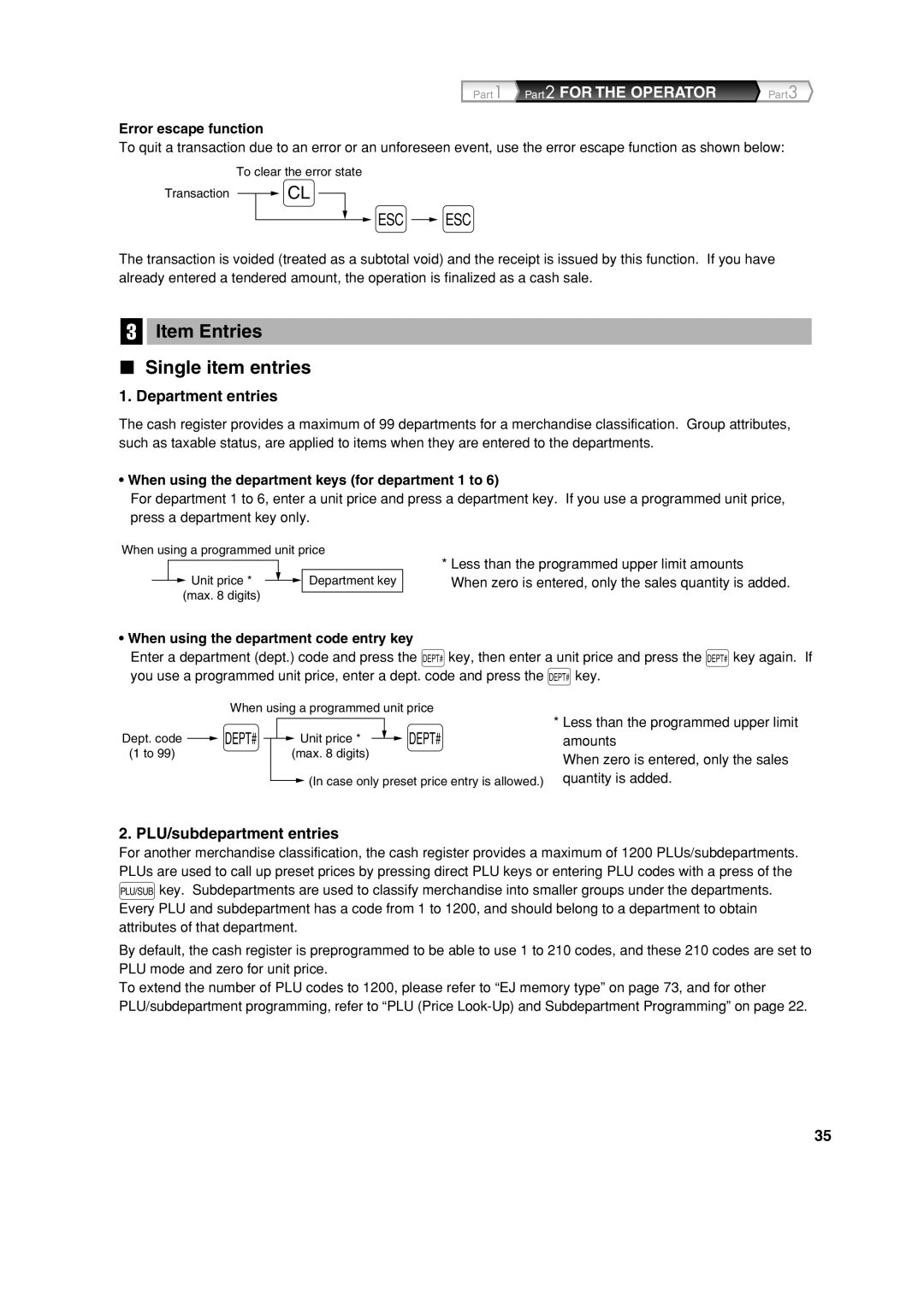 Sharp XE-A213 instruction manual Item Entries Single item entries, Department entries, PLU/subdepartment entries 