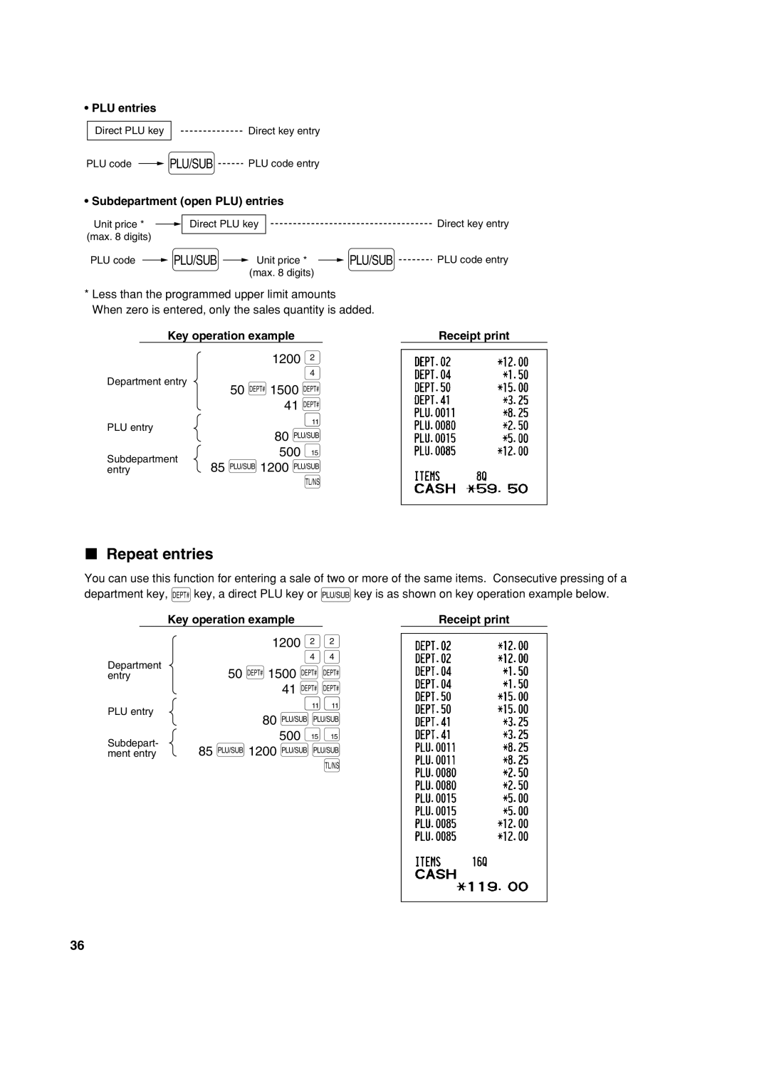 Sharp XE-A213 instruction manual Repeat entries, 1200 50 d 1500 d 41 d 80 p 500 ﬁ 85 p 1200 p 