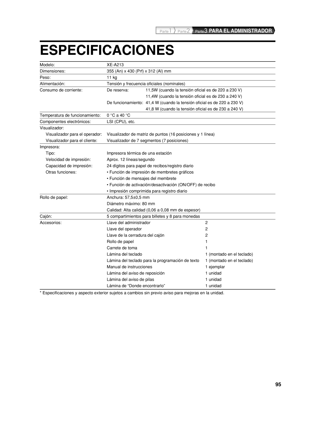 Sharp XE-A213 instruction manual Especificaciones 