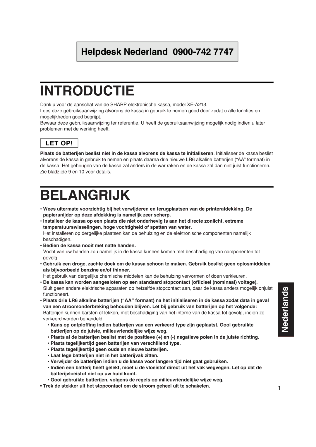 Sharp XE-A213 instruction manual Introductie, Belangrijk, Bedien de kassa nooit met natte handen 