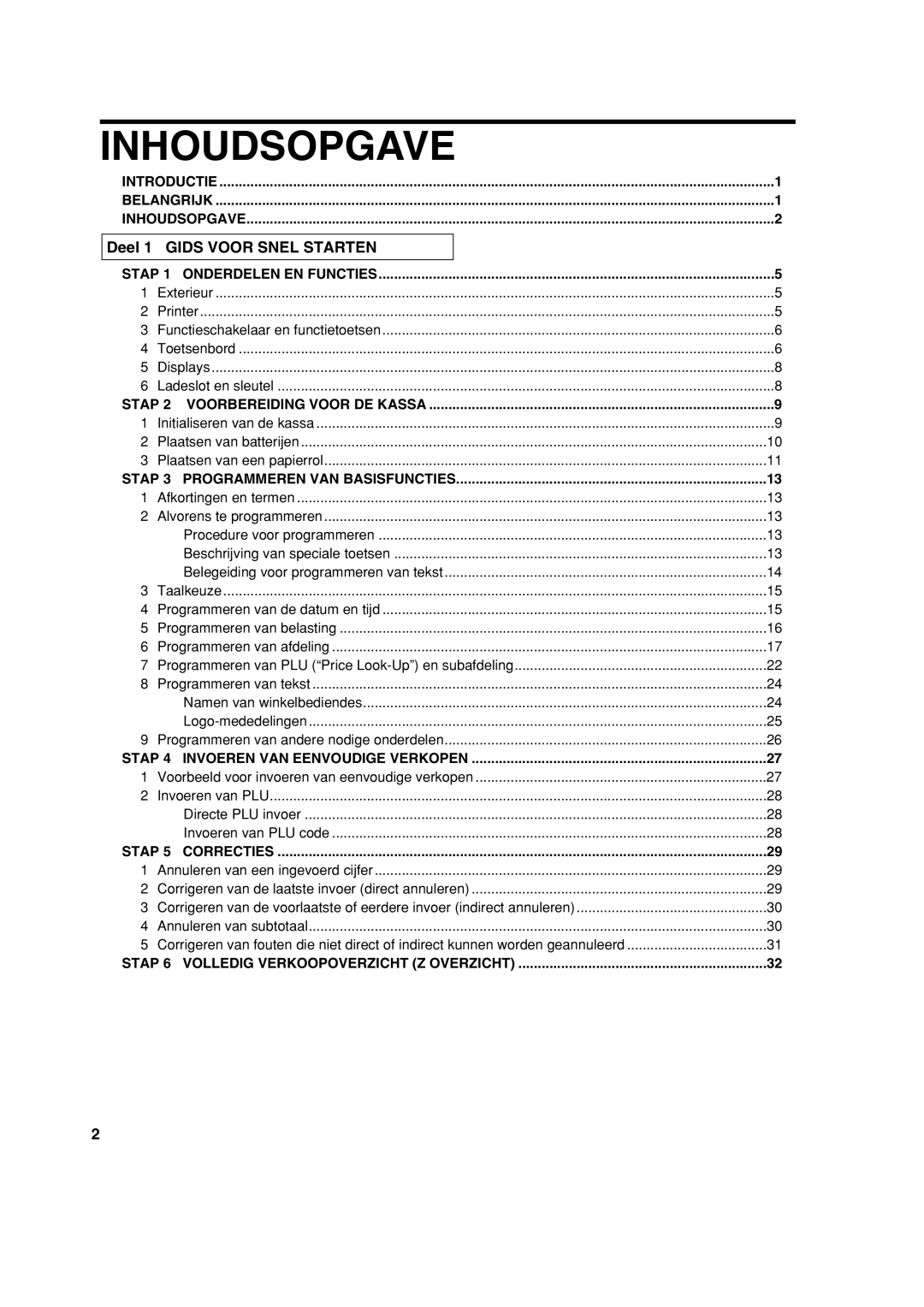 Sharp XE-A213 instruction manual Inhoudsopgave, Deel 1 Gids Voor Snel Starten 