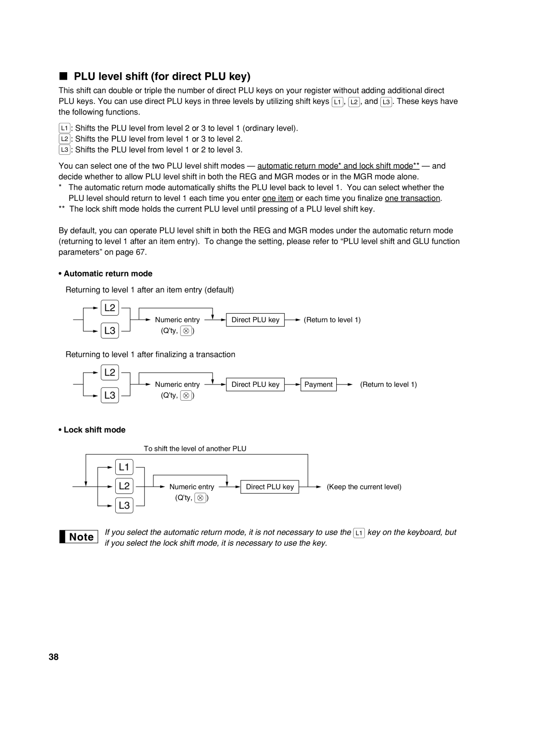 Sharp XE-A213 PLU level shift for direct PLU key, Automatic return mode, Returning to level 1 after an item entry default 