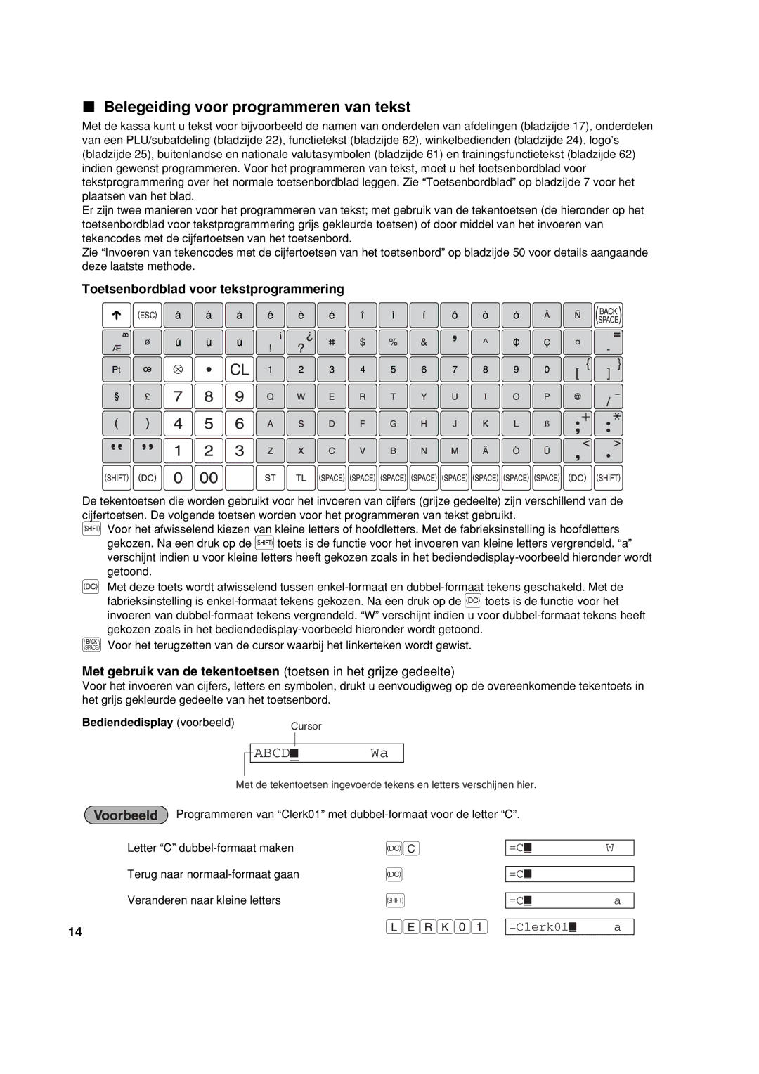 Sharp XE-A213 Belegeiding voor programmeren van tekst, Toetsenbordblad voor tekstprogrammering, Bediendedisplay voorbeeld 